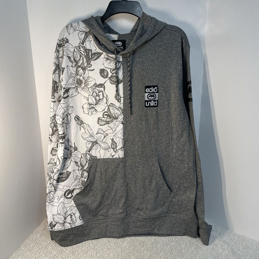Ecko Unltd Mens L Long Sleeve Hooded White Gray Floral Print Shirt